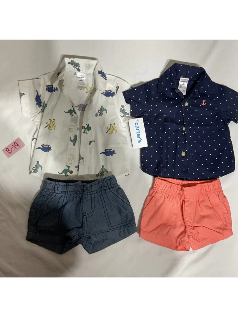 Carters Newborn Boys 4-Piece Outfits With Dinosaur & Polka Dot Shirts Plus Denim